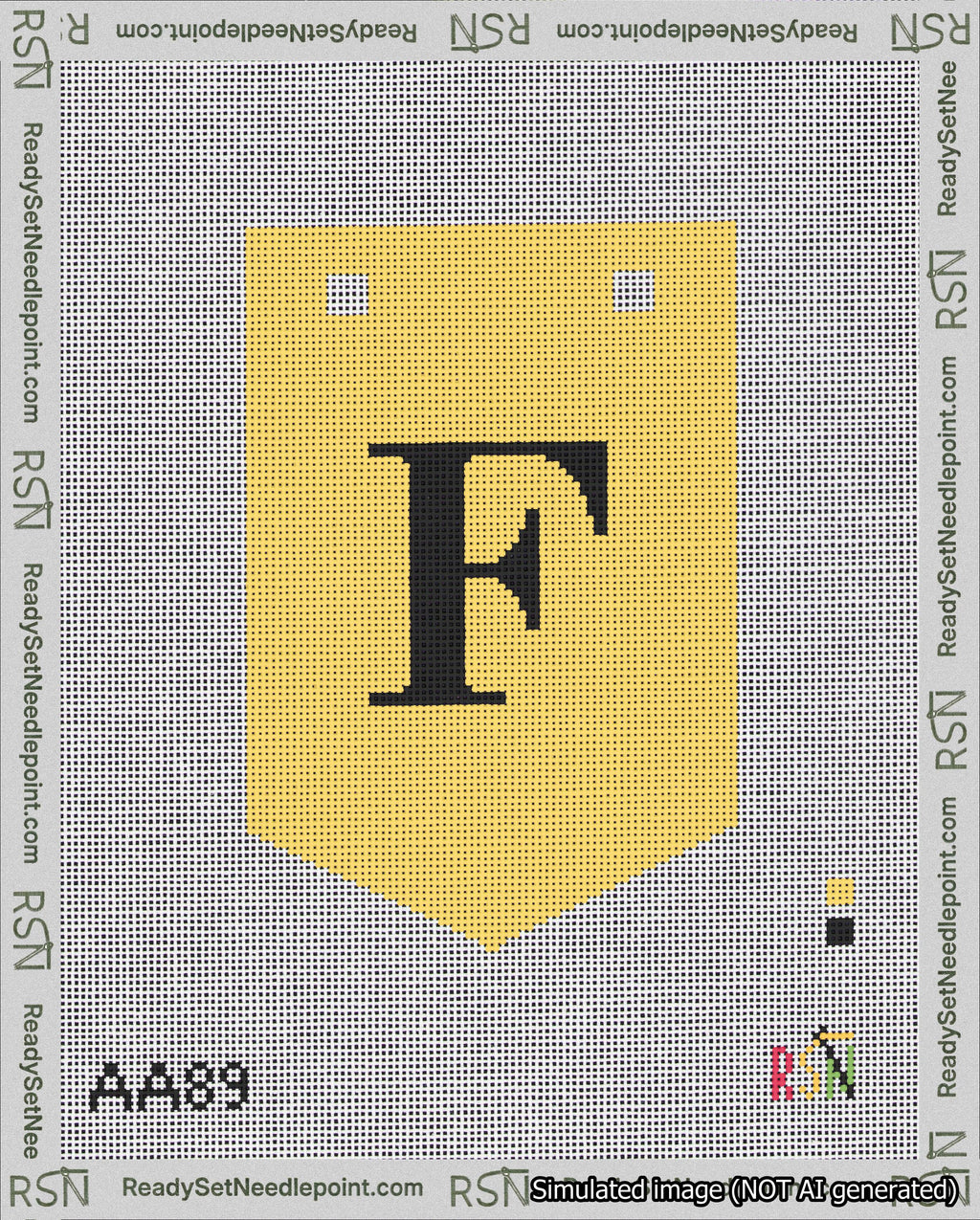 A taped needlepoint canvas with the design: Banner 18 mesh count Pointed F Black on Yellow.