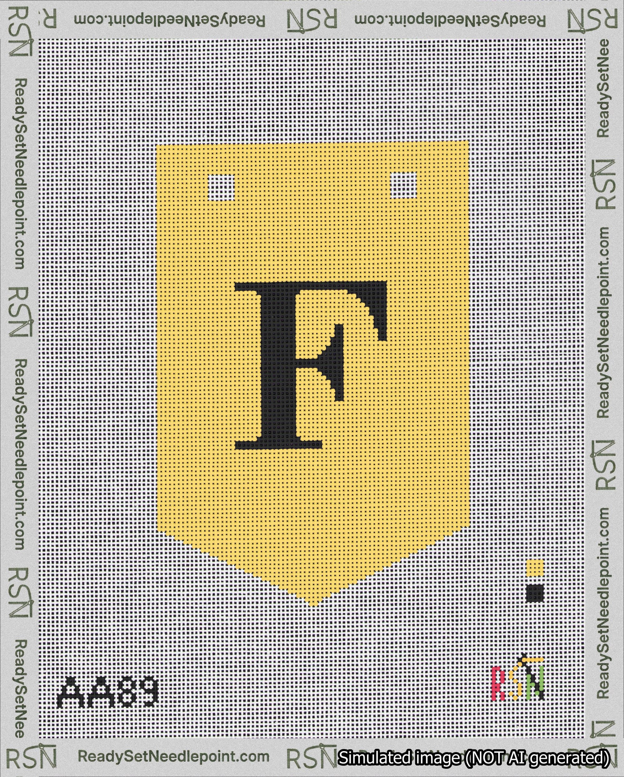 A taped needlepoint canvas with the design: Banner 18 mesh count Pointed F Black on Yellow.