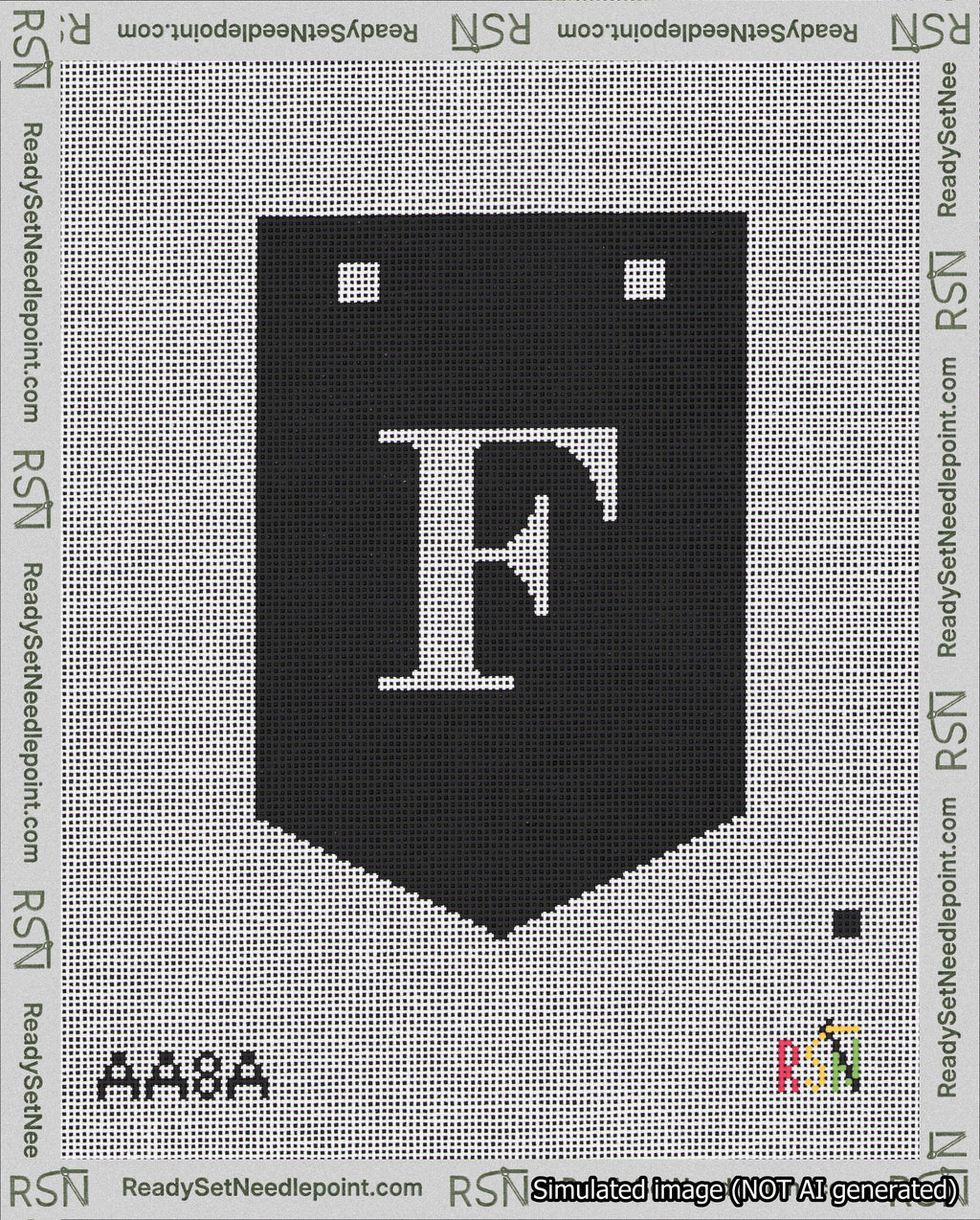 A taped needlepoint canvas with the design: Banner 18 mesh count Pointed F White on Black.