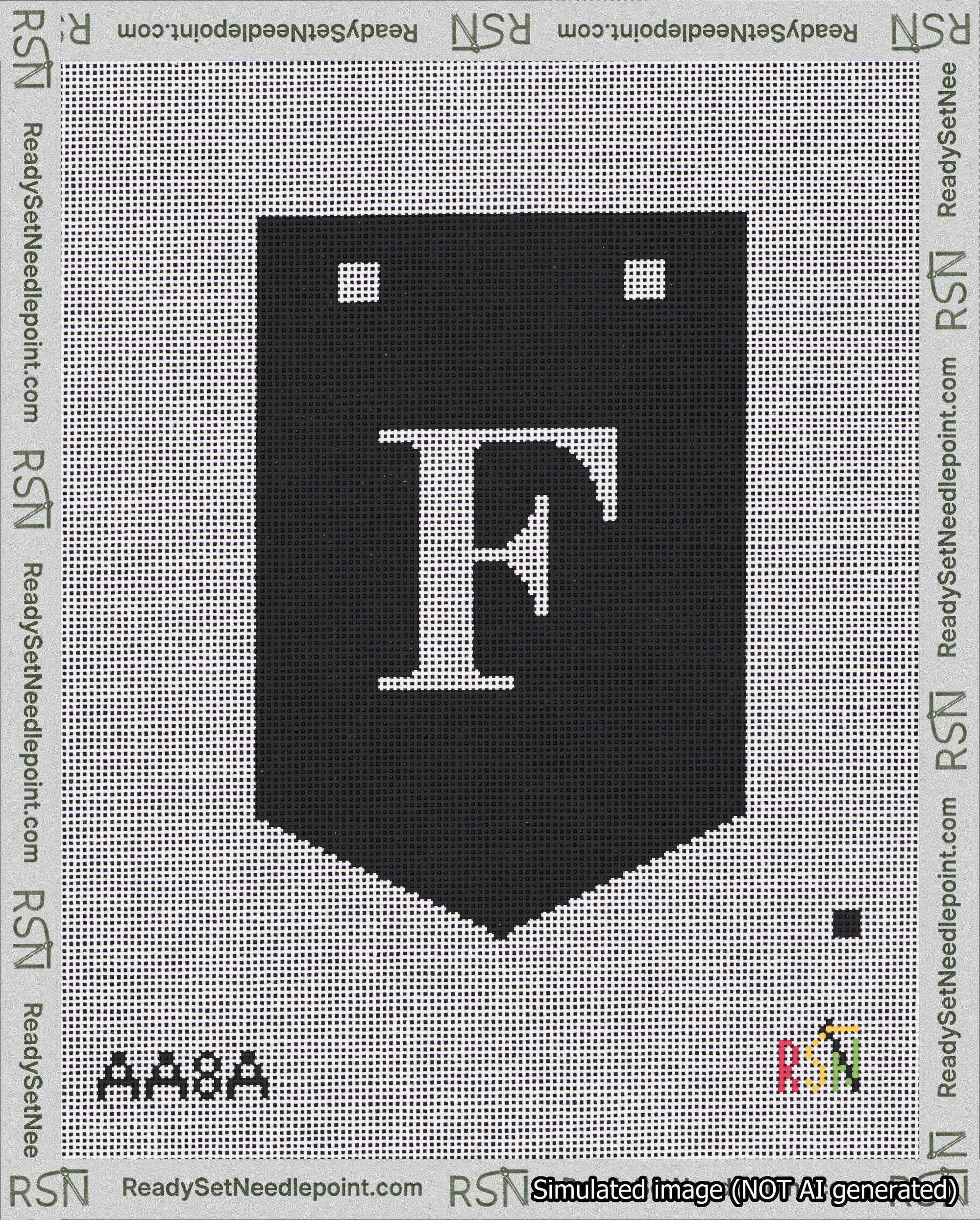 A taped needlepoint canvas with the design: Banner 18 mesh count Pointed F White on Black.