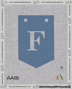 A taped needlepoint canvas with the design: Banner 18 mesh count Pointed F White on Blue.