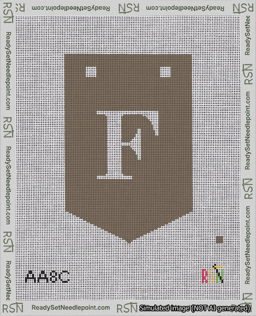 A taped needlepoint canvas with the design: Banner 18 mesh count Pointed F White on Brown.