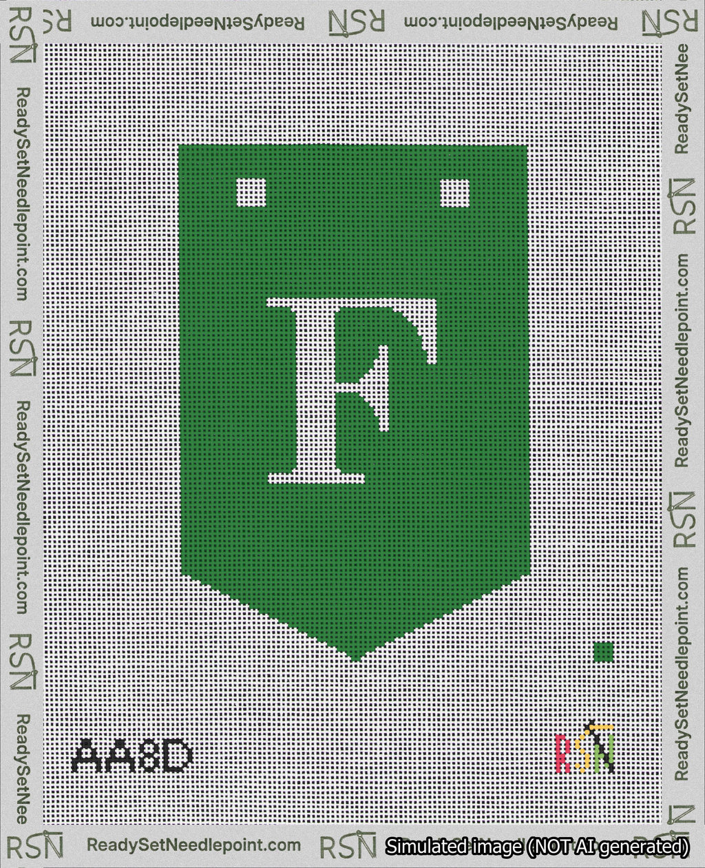 A taped needlepoint canvas with the design: Banner 18 mesh count Pointed F White on Green.