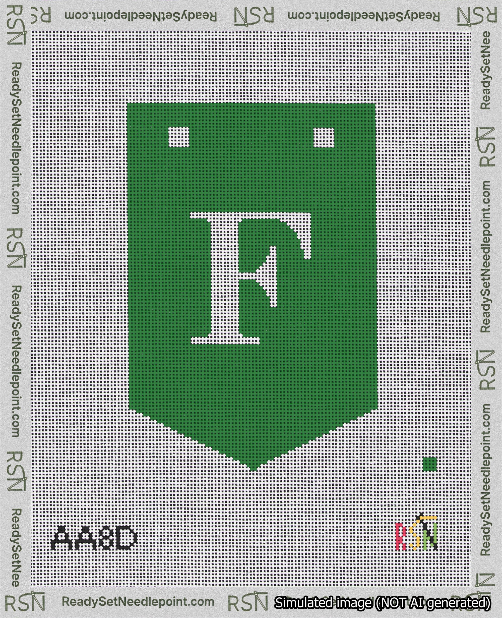 A taped needlepoint canvas with the design: Banner 18 mesh count Pointed F White on Green.