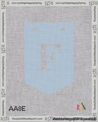 A taped needlepoint canvas with the design: Banner 18 mesh count Pointed F White on Light Blue.