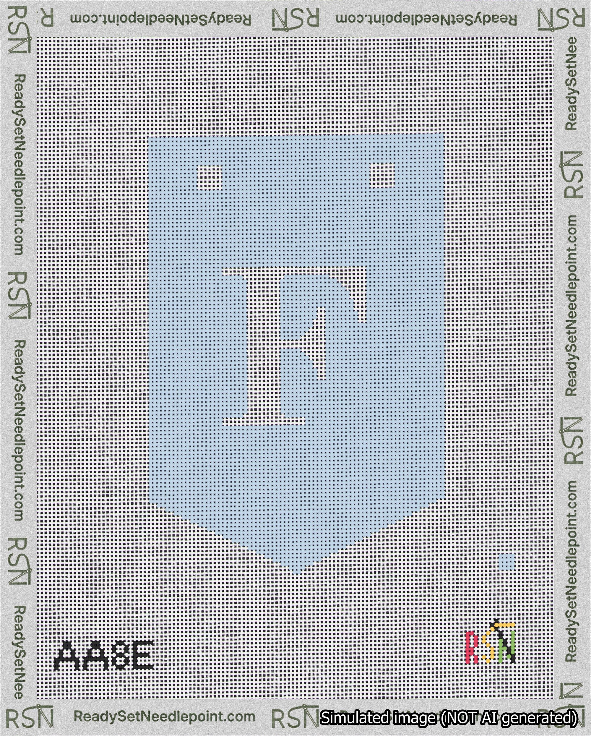 A taped needlepoint canvas with the design: Banner 18 mesh count Pointed F White on Light Blue.