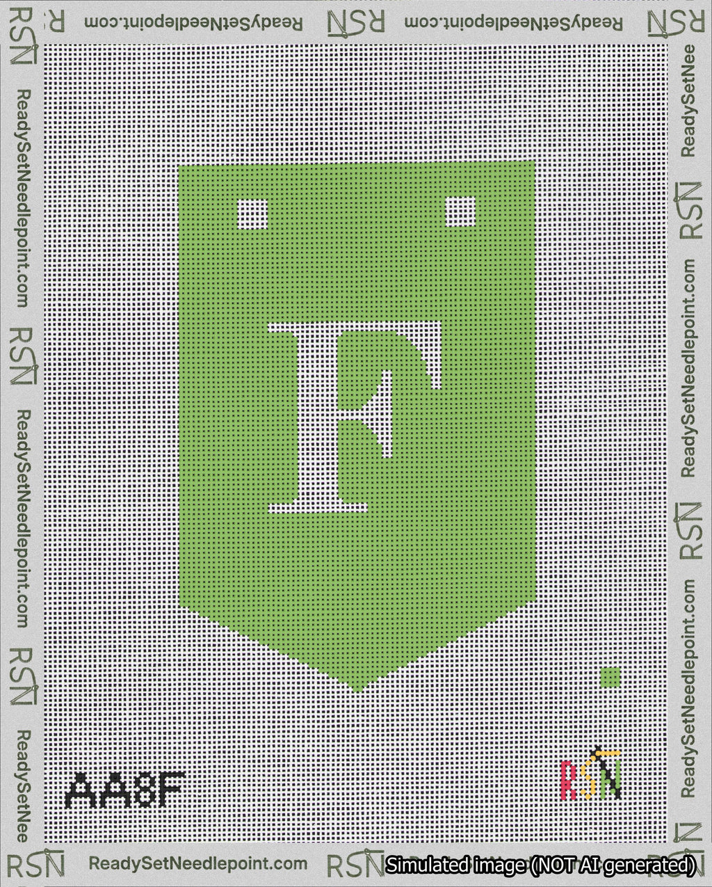 A taped needlepoint canvas with the design: Banner 18 mesh count Pointed F White on Light Green.