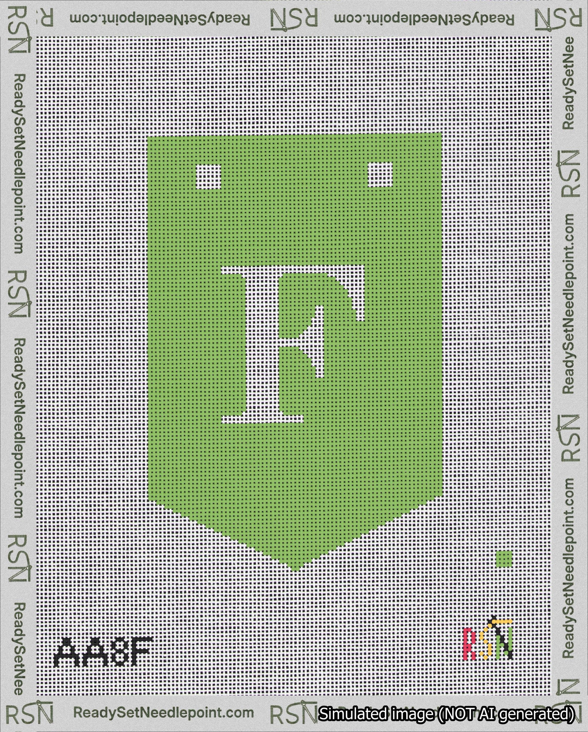 A taped needlepoint canvas with the design: Banner 18 mesh count Pointed F White on Light Green.