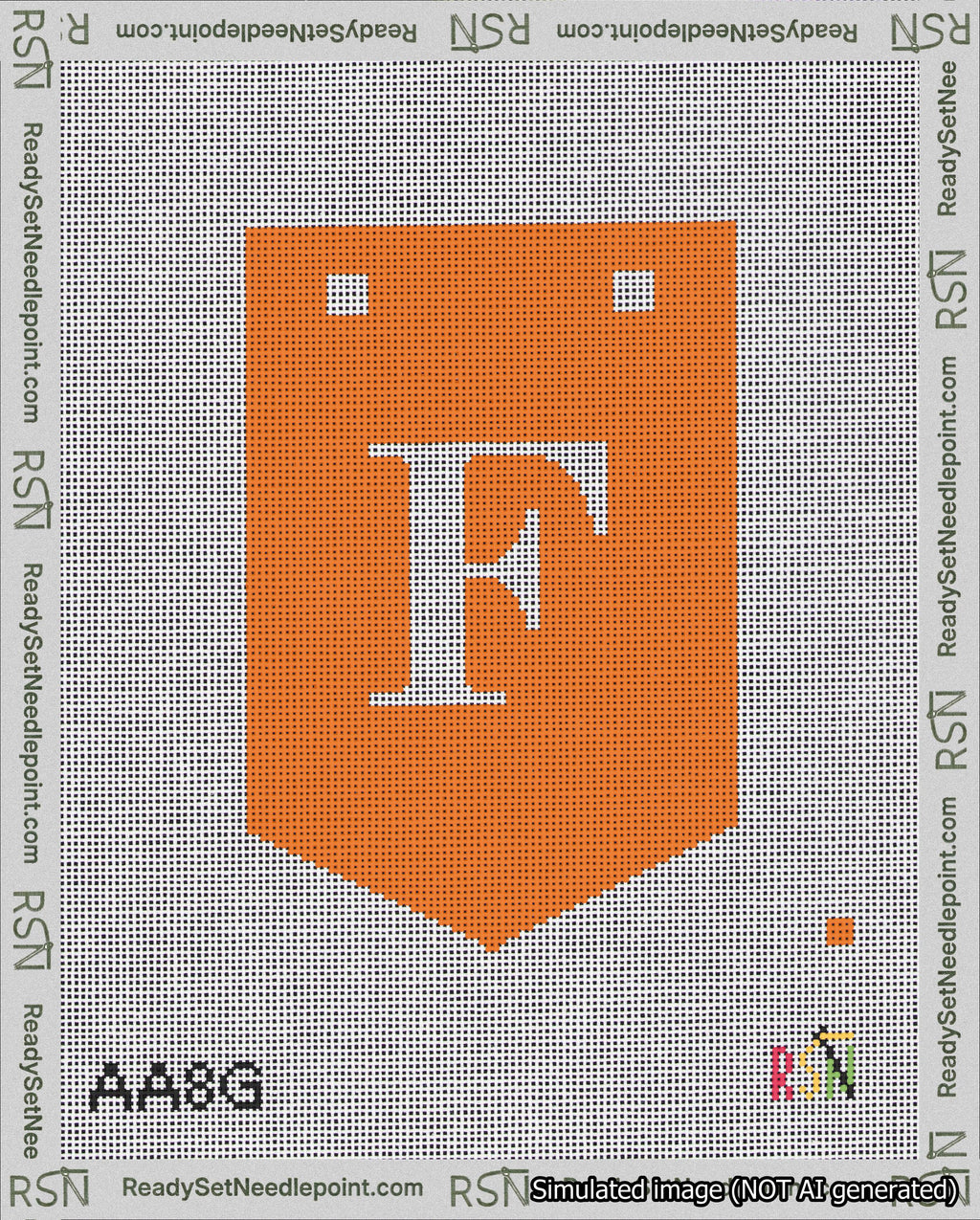 A taped needlepoint canvas with the design: Banner 18 mesh count Pointed F White on Orange.