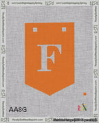 A taped needlepoint canvas with the design: Banner 18 mesh count Pointed F White on Orange.