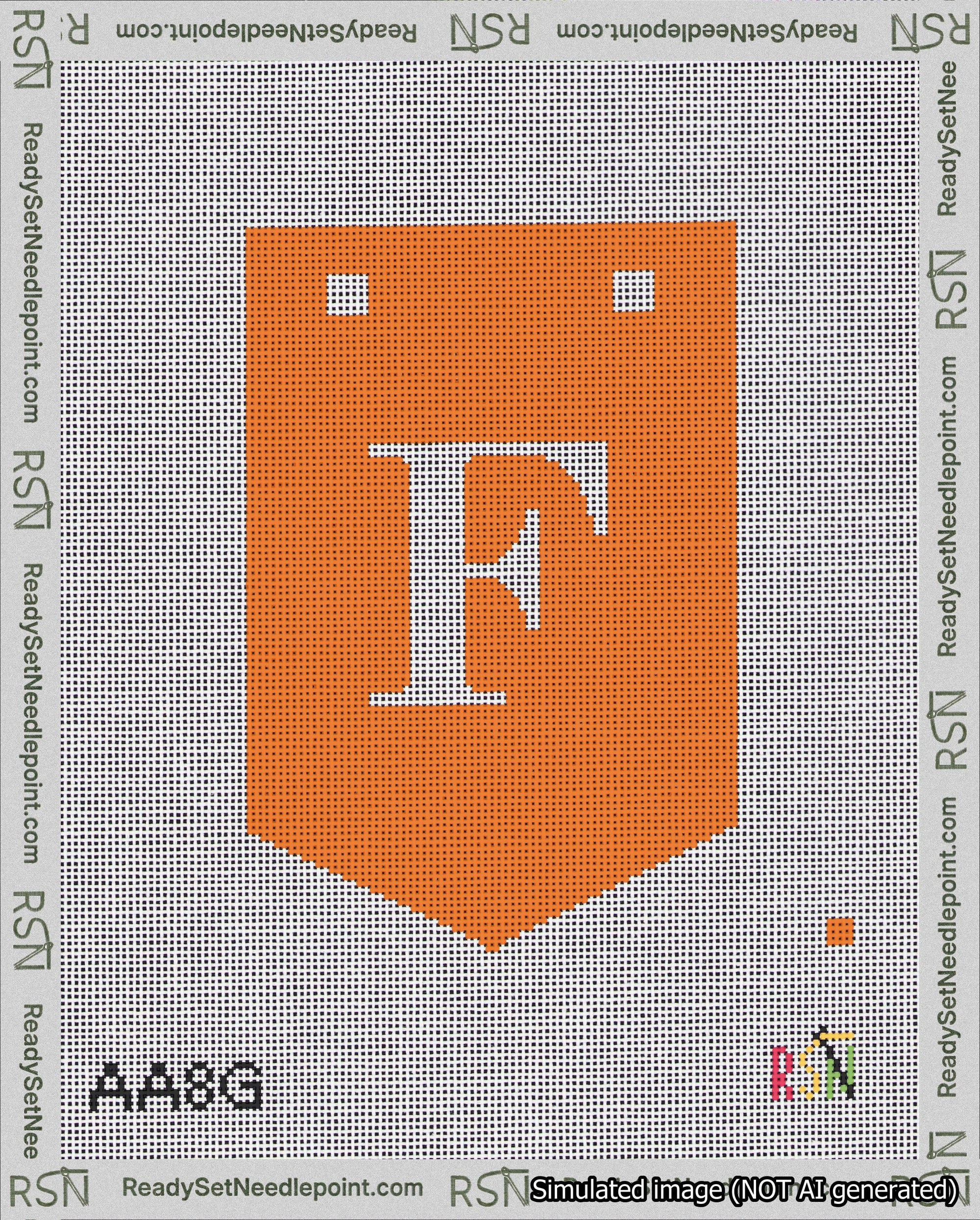 A taped needlepoint canvas with the design: Banner 18 mesh count Pointed F White on Orange.