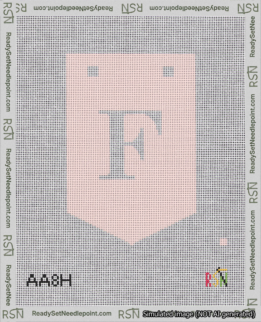 A taped needlepoint canvas with the design: Banner 18 mesh count Pointed F White on Pink.