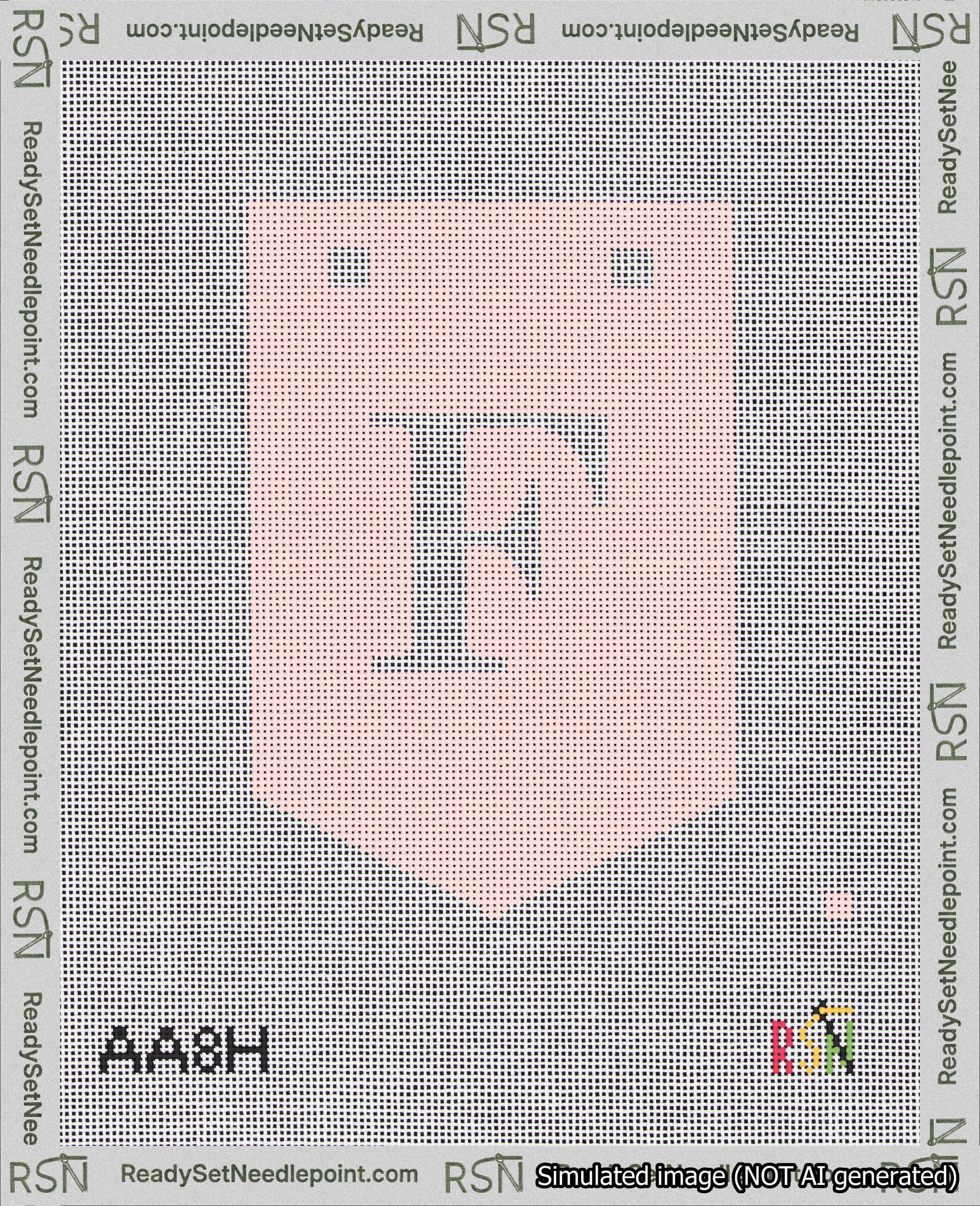A taped needlepoint canvas with the design: Banner 18 mesh count Pointed F White on Pink.