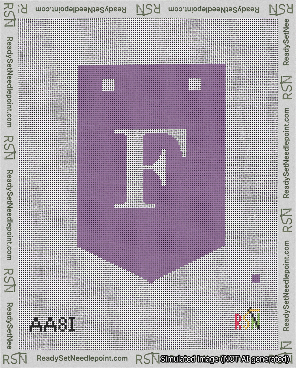 A taped needlepoint canvas with the design: Banner 18 mesh count Pointed F White on Purple.