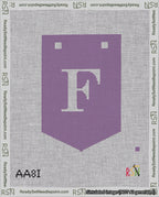 A taped needlepoint canvas with the design: Banner 18 mesh count Pointed F White on Purple.