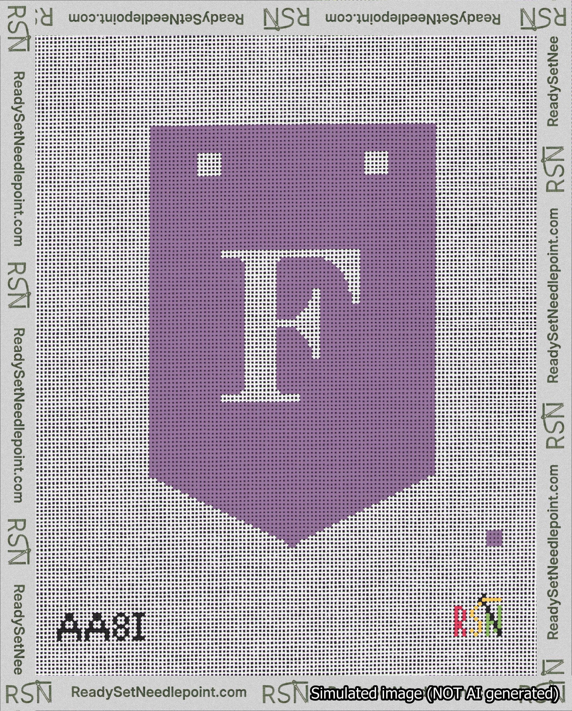 A taped needlepoint canvas with the design: Banner 18 mesh count Pointed F White on Purple.