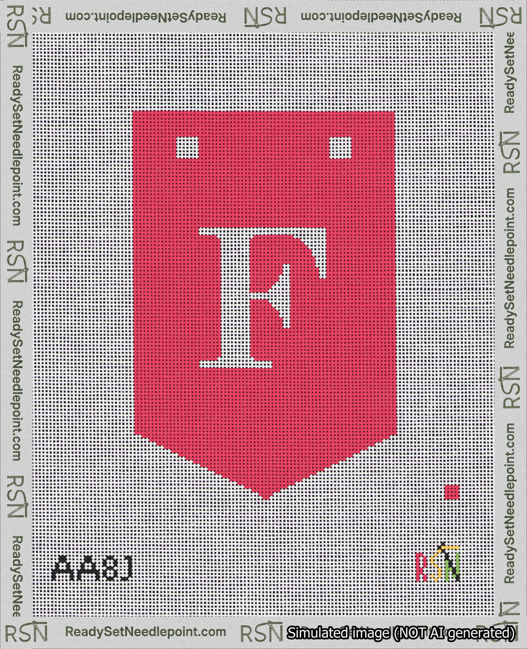 A taped needlepoint canvas with the design: Banner 18 mesh count Pointed F White on Red.