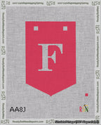 A taped needlepoint canvas with the design: Banner 18 mesh count Pointed F White on Red.