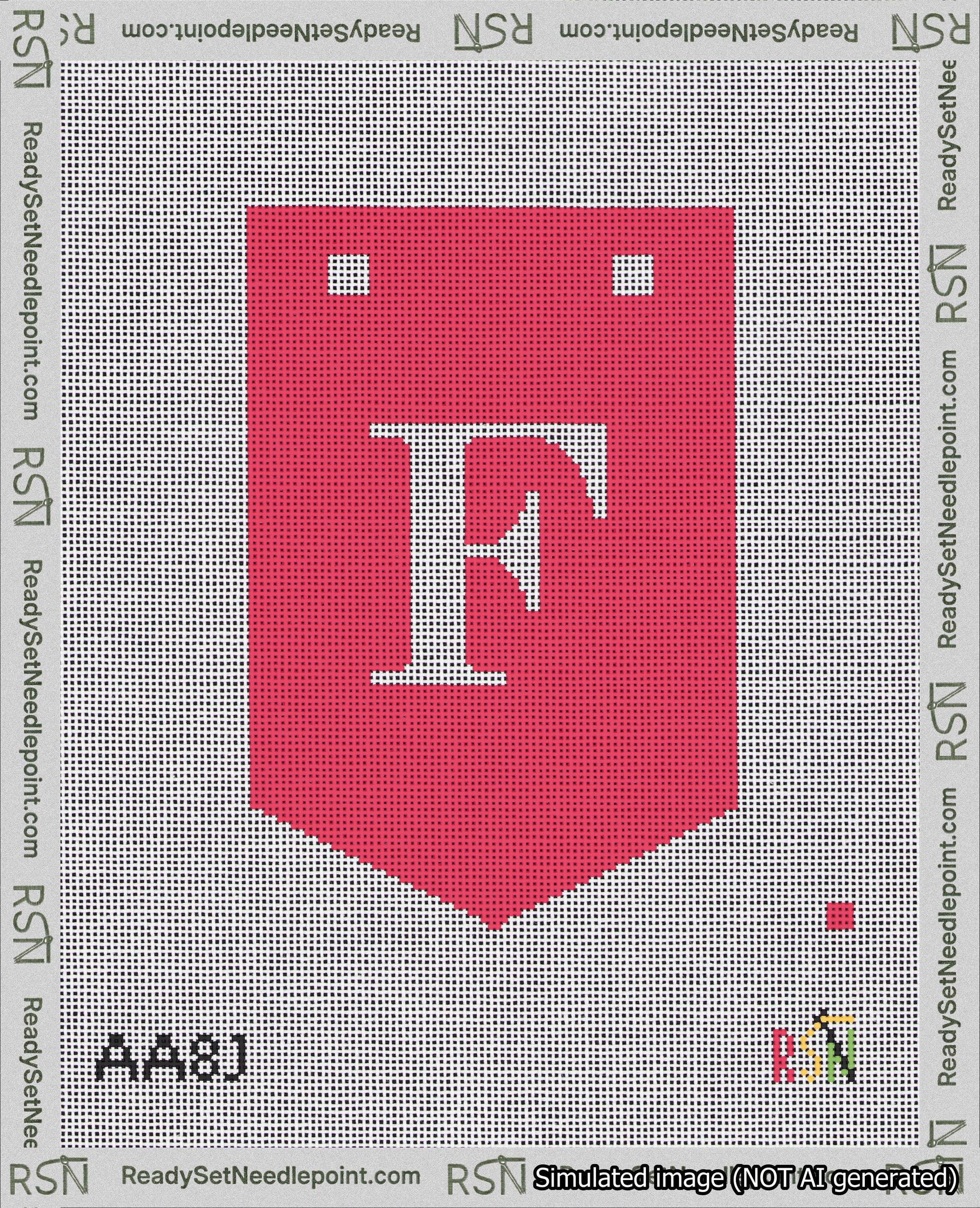 A taped needlepoint canvas with the design: Banner 18 mesh count Pointed F White on Red.