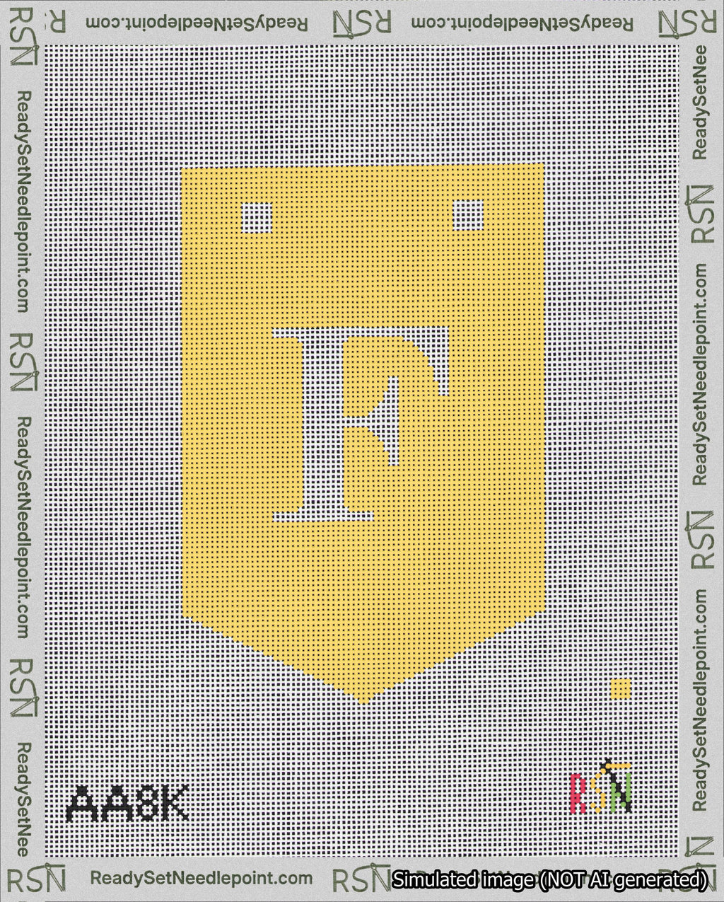 A taped needlepoint canvas with the design: Banner 18 mesh count Pointed F White on Yellow.