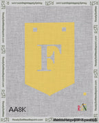A taped needlepoint canvas with the design: Banner 18 mesh count Pointed F White on Yellow.
