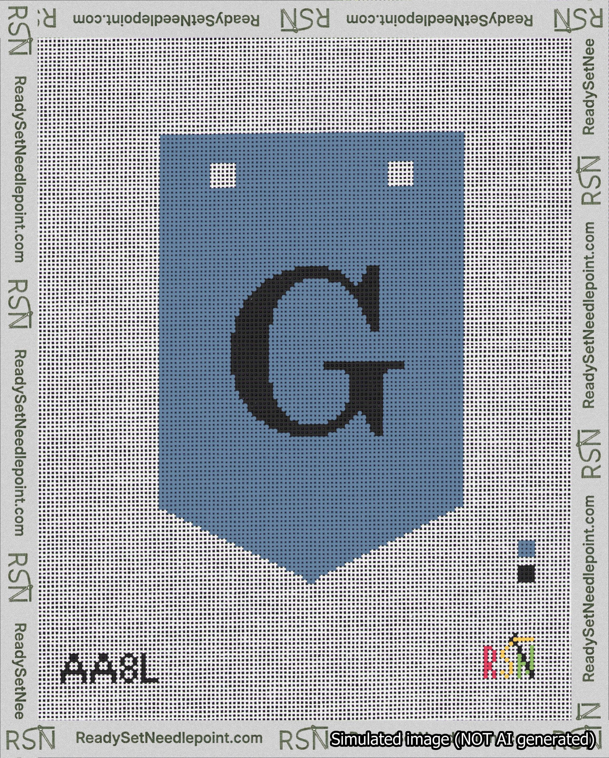 A taped needlepoint canvas with the design: Banner 18 mesh count Pointed G Black on Blue.
