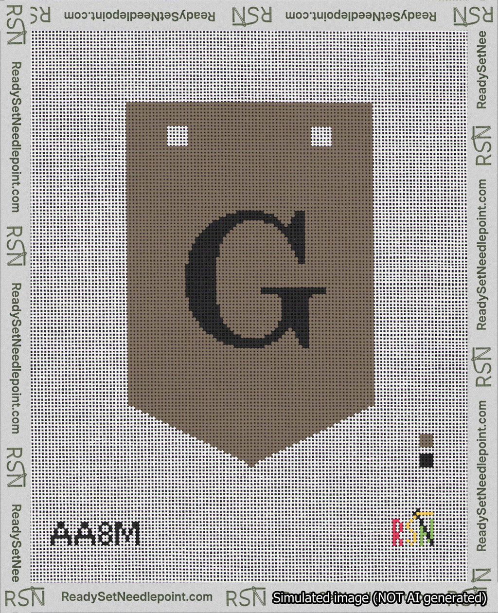 A taped needlepoint canvas with the design: Banner 18 mesh count Pointed G Black on Brown.