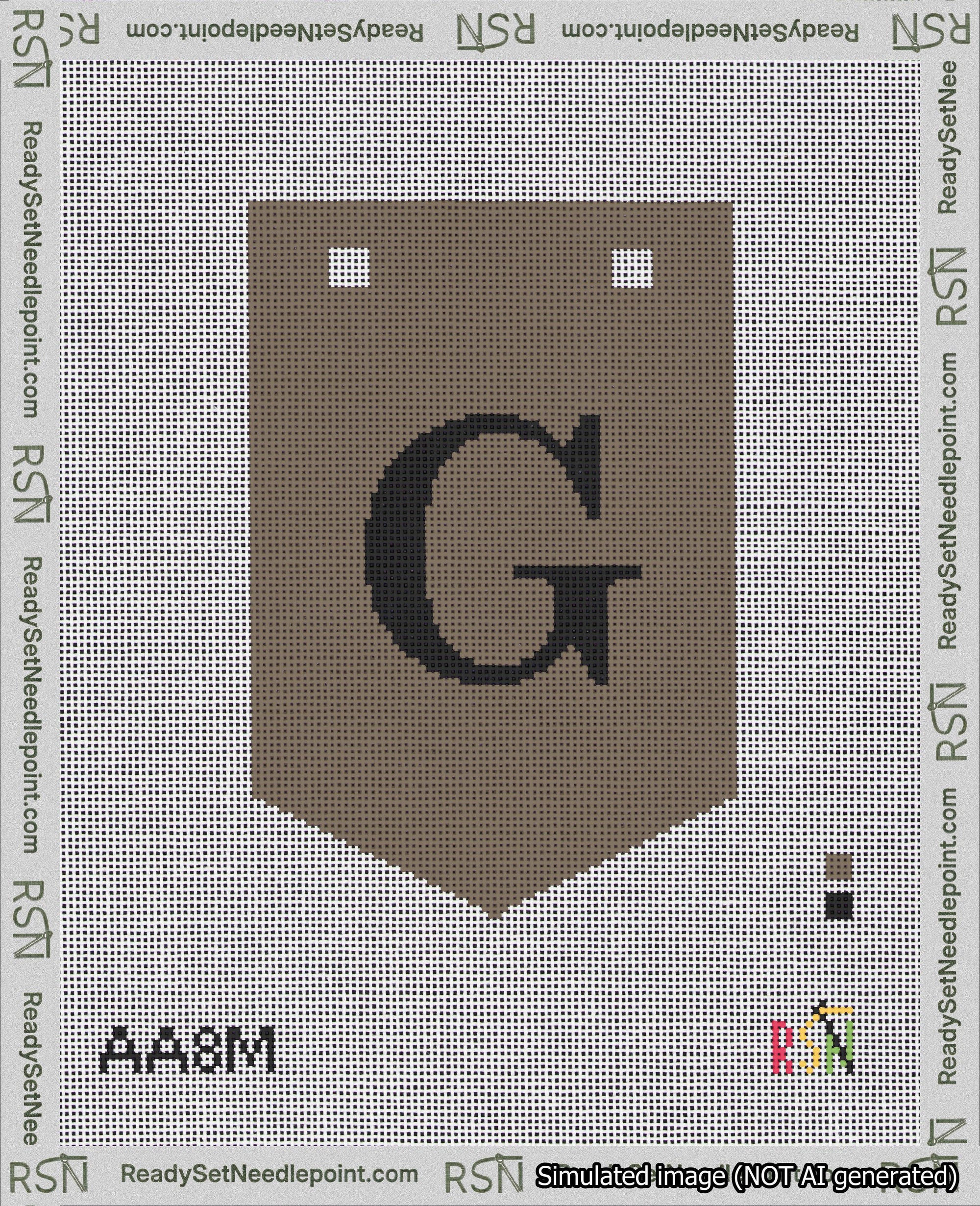 A taped needlepoint canvas with the design: Banner 18 mesh count Pointed G Black on Brown.
