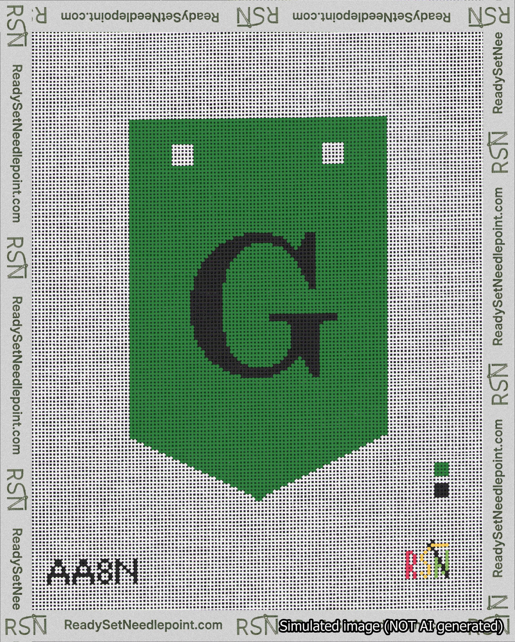 A taped needlepoint canvas with the design: Banner 18 mesh count Pointed G Black on Green.