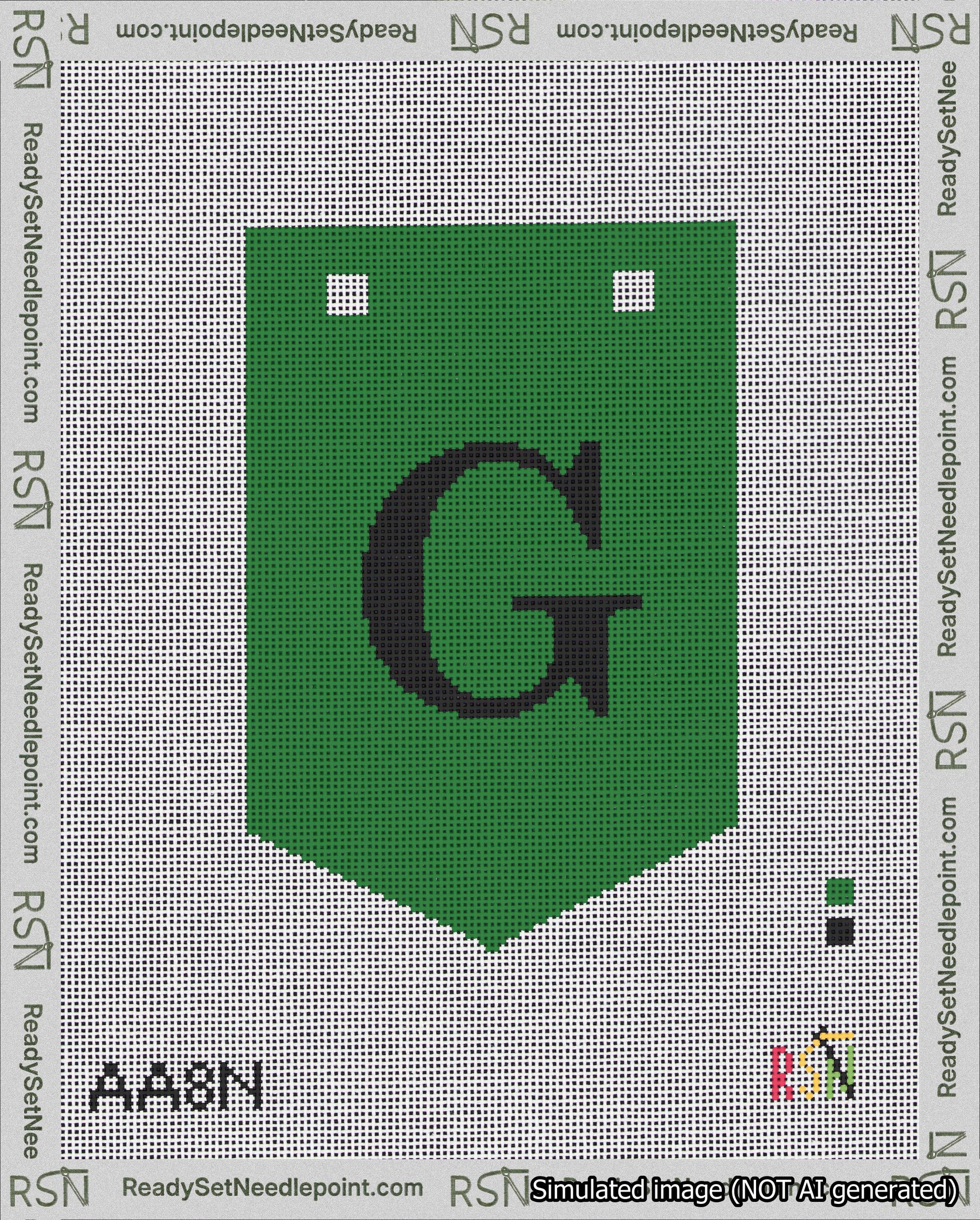 A taped needlepoint canvas with the design: Banner 18 mesh count Pointed G Black on Green.