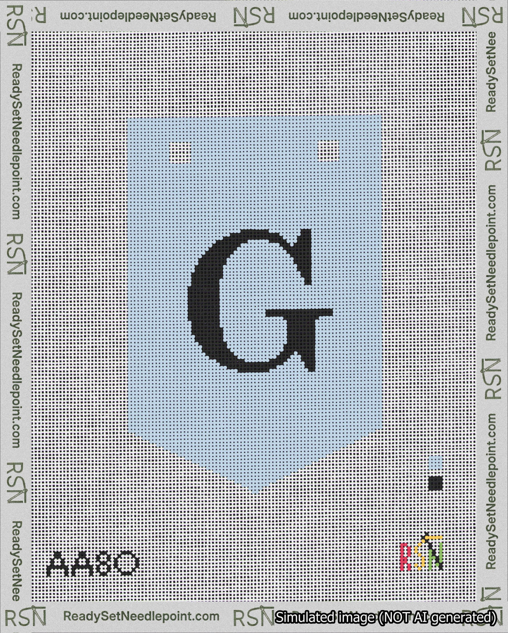 A taped needlepoint canvas with the design: Banner 18 mesh count Pointed G Black on Light Blue.