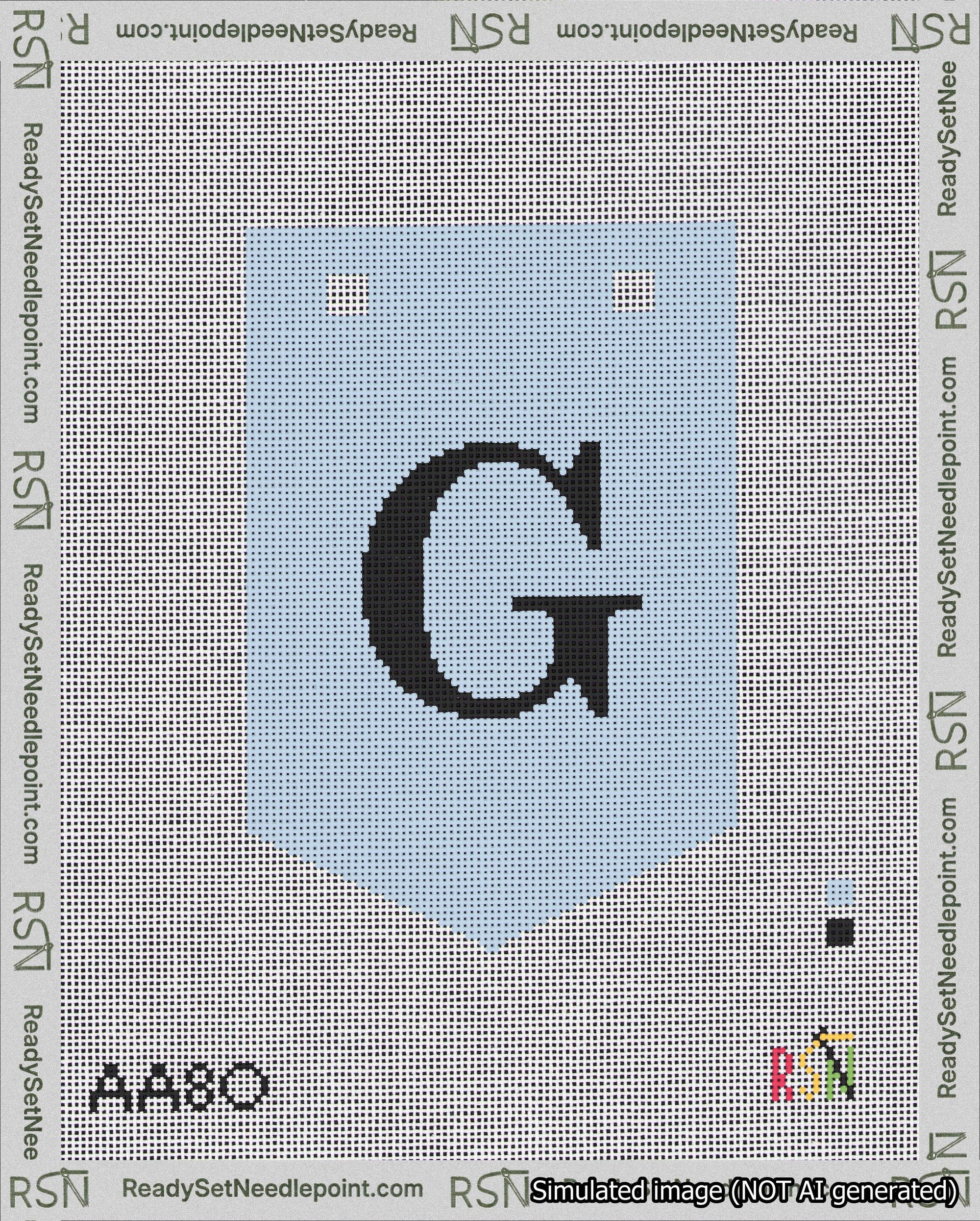 A taped needlepoint canvas with the design: Banner 18 mesh count Pointed G Black on Light Blue.