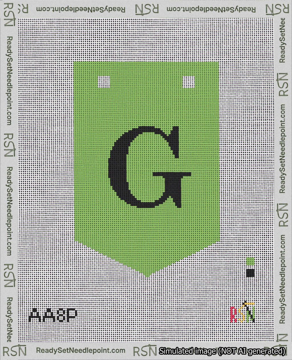 A taped needlepoint canvas with the design: Banner 18 mesh count Pointed G Black on Light Green.