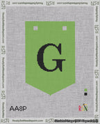A taped needlepoint canvas with the design: Banner 18 mesh count Pointed G Black on Light Green.