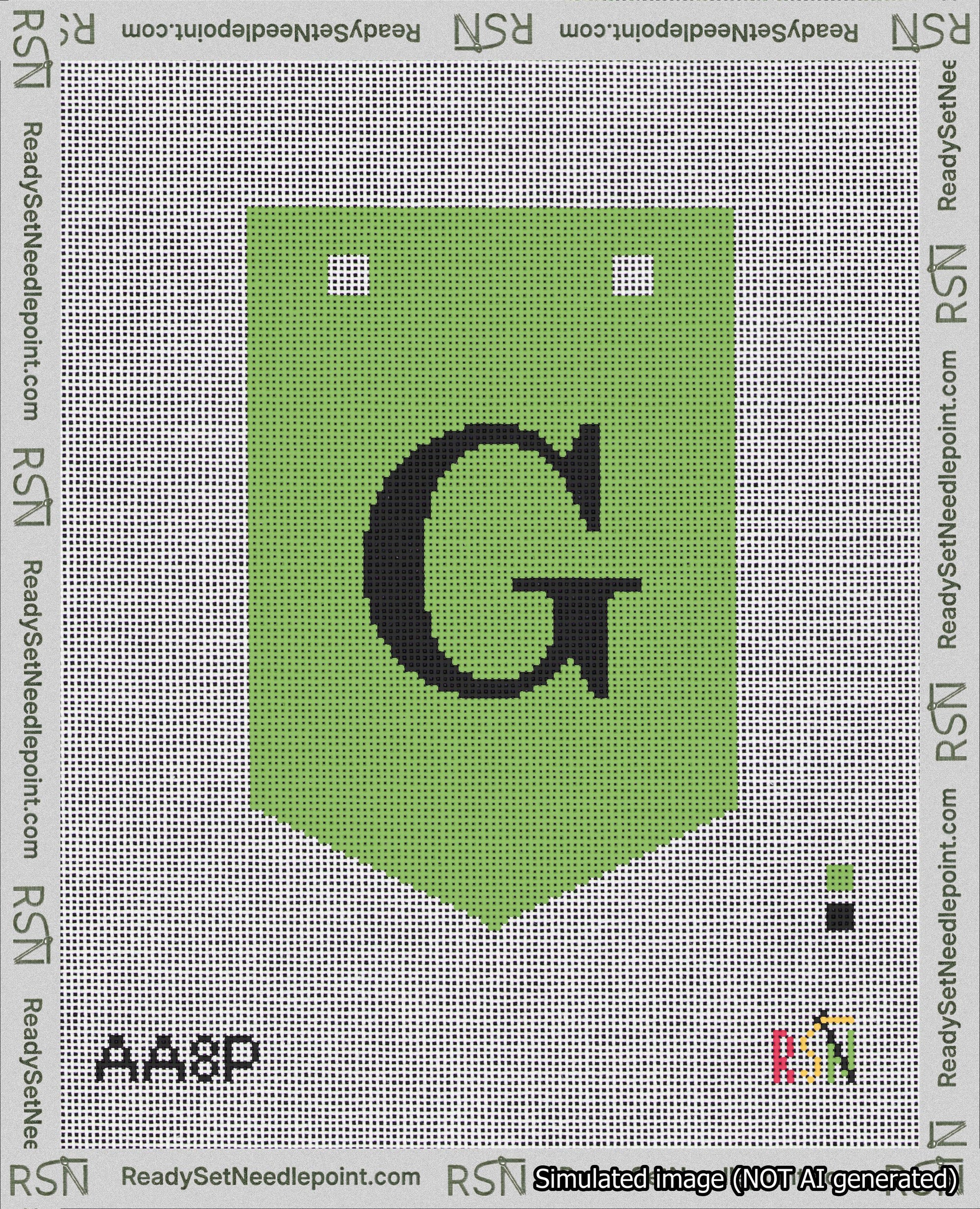 A taped needlepoint canvas with the design: Banner 18 mesh count Pointed G Black on Light Green.