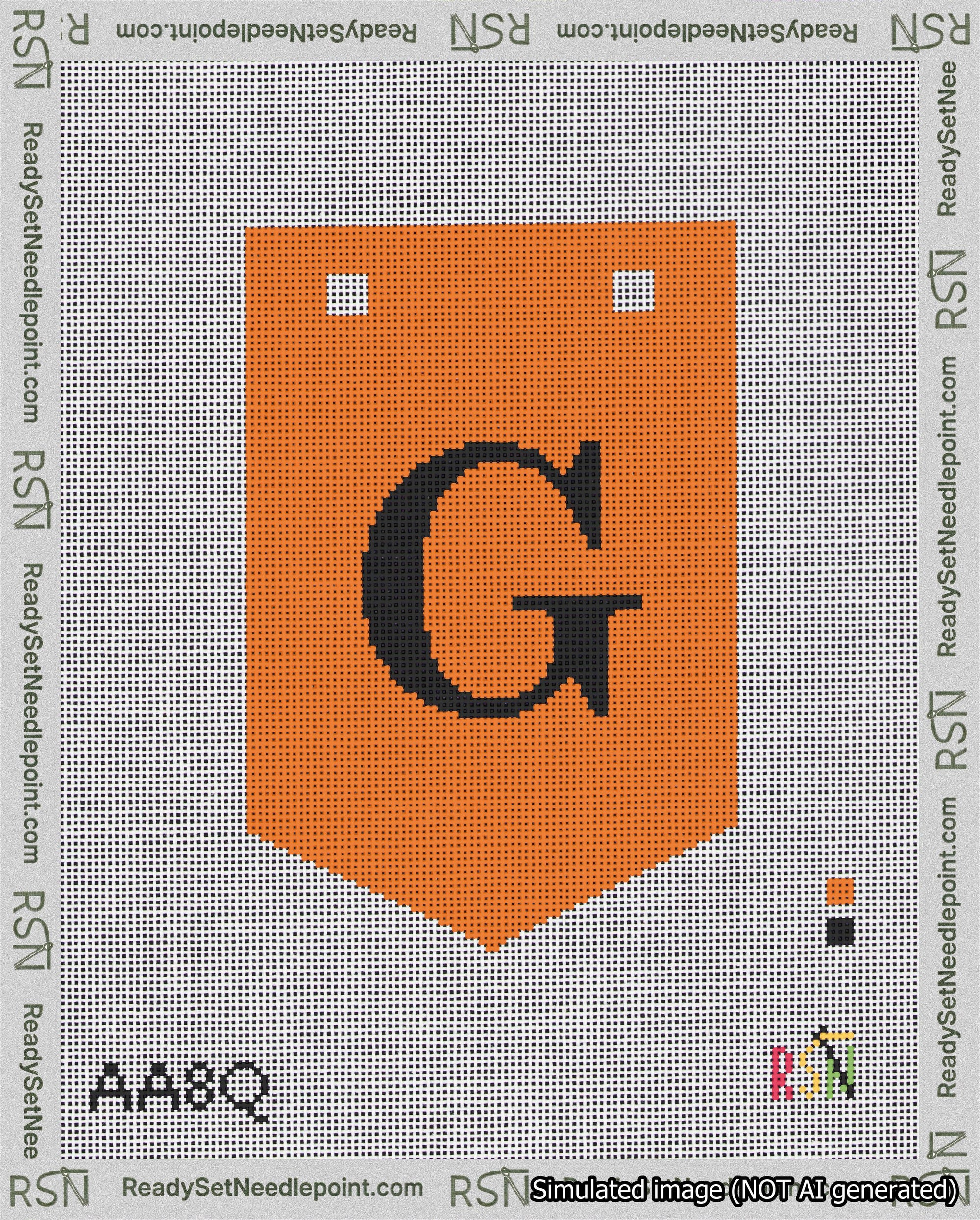 A taped needlepoint canvas with the design: Banner 18 mesh count Pointed G Black on Orange.