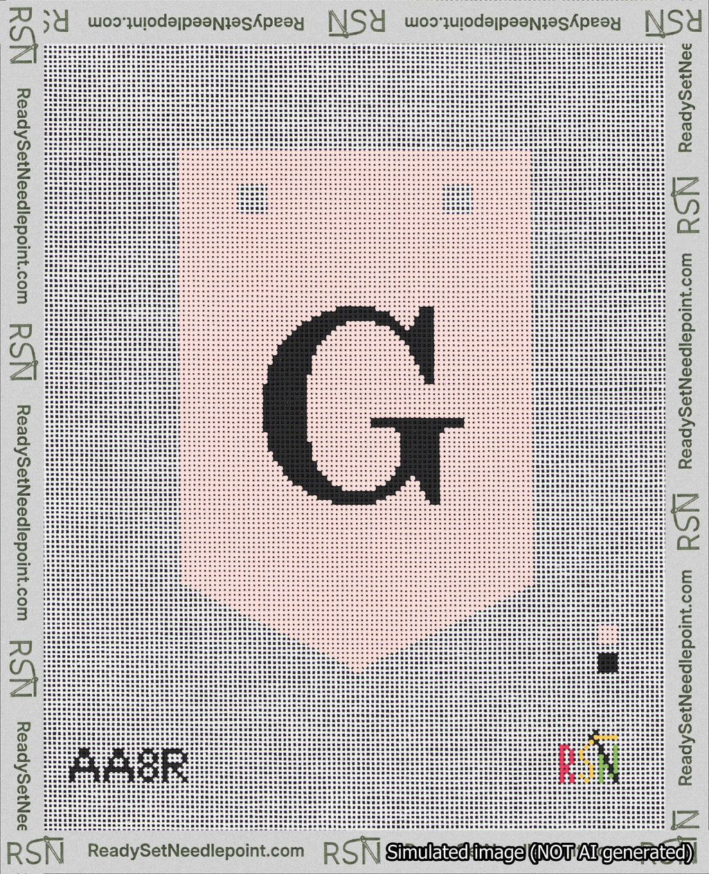 A taped needlepoint canvas with the design: Banner 18 mesh count Pointed G Black on Pink.