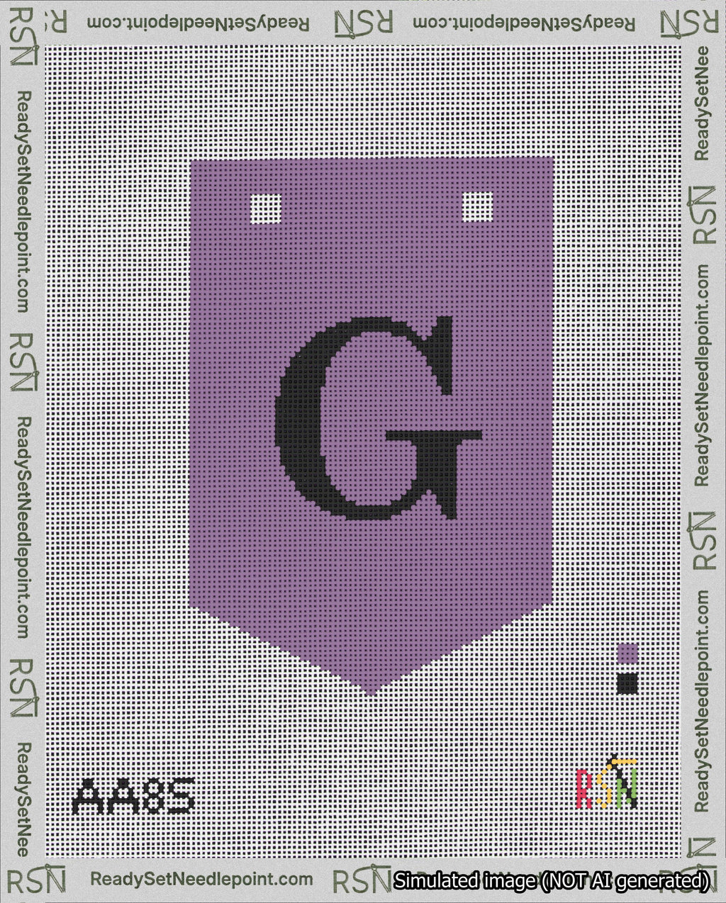 A taped needlepoint canvas with the design: Banner 18 mesh count Pointed G Black on Purple.