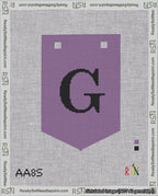 A taped needlepoint canvas with the design: Banner 18 mesh count Pointed G Black on Purple.