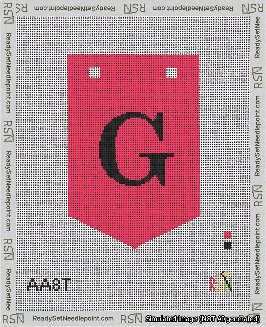 A taped needlepoint canvas with the design: Banner 18 mesh count Pointed G Black on Red.