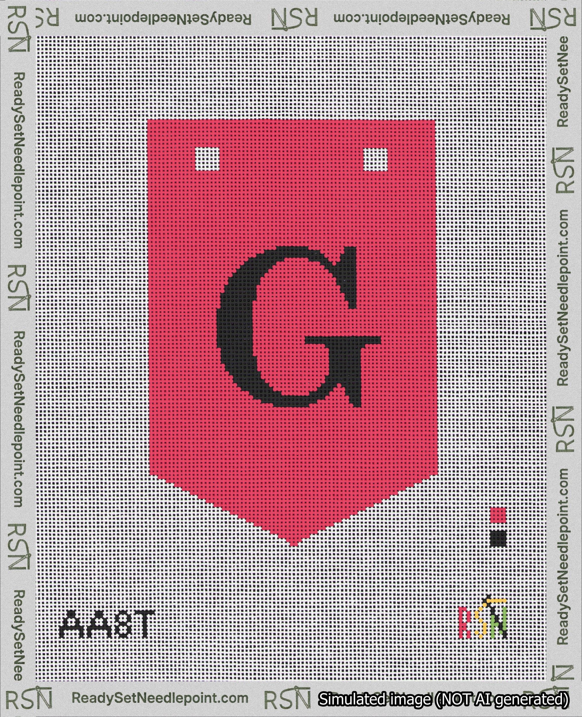 A taped needlepoint canvas with the design: Banner 18 mesh count Pointed G Black on Red.