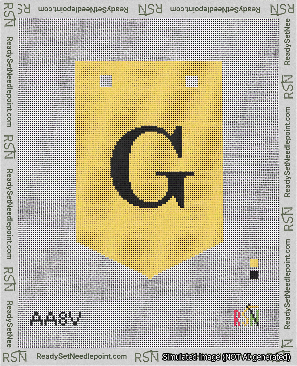 A taped needlepoint canvas with the design: Banner 18 mesh count Pointed G Black on Yellow.