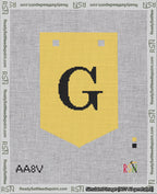 A taped needlepoint canvas with the design: Banner 18 mesh count Pointed G Black on Yellow.
