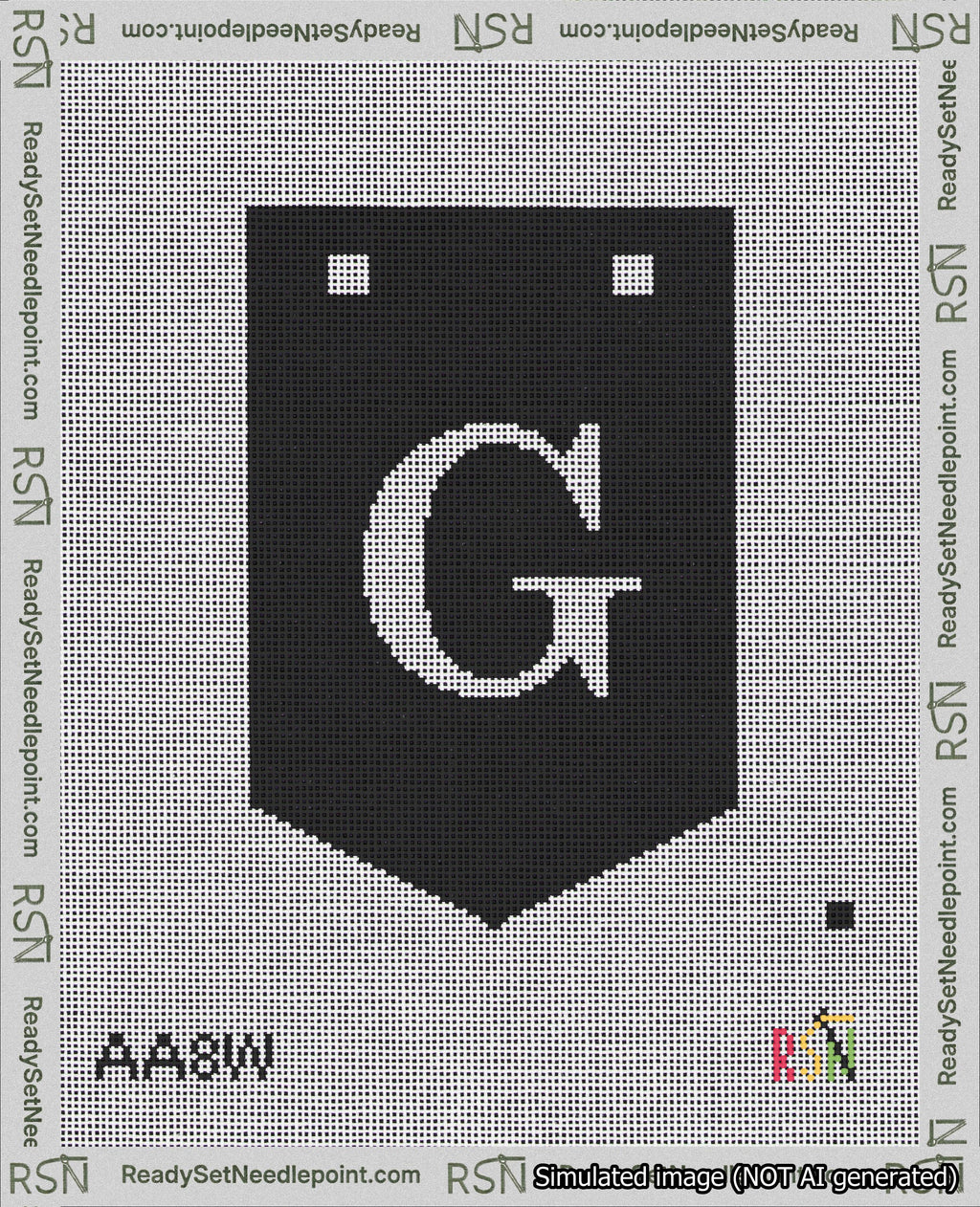 A taped needlepoint canvas with the design: Banner 18 mesh count Pointed G White on Black.