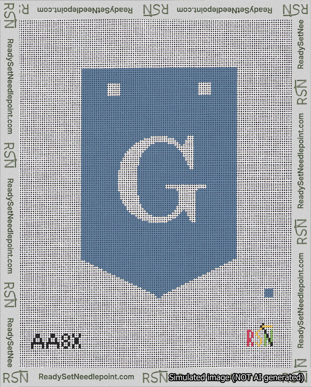 A taped needlepoint canvas with the design: Banner 18 mesh count Pointed G White on Blue.