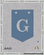 A taped needlepoint canvas with the design: Banner 18 mesh count Pointed G White on Blue.