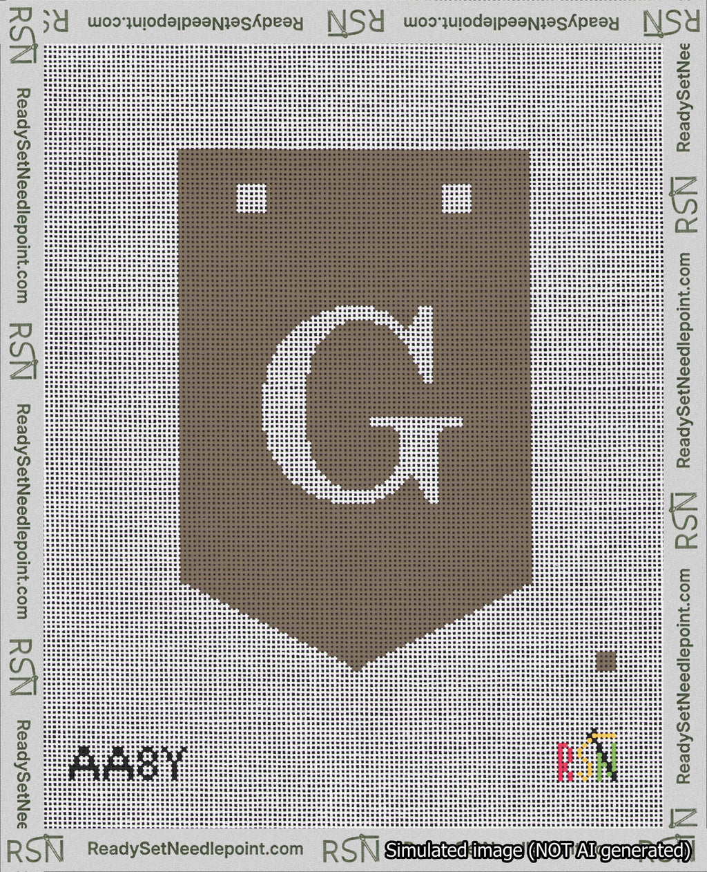 A taped needlepoint canvas with the design: Banner 18 mesh count Pointed G White on Brown.