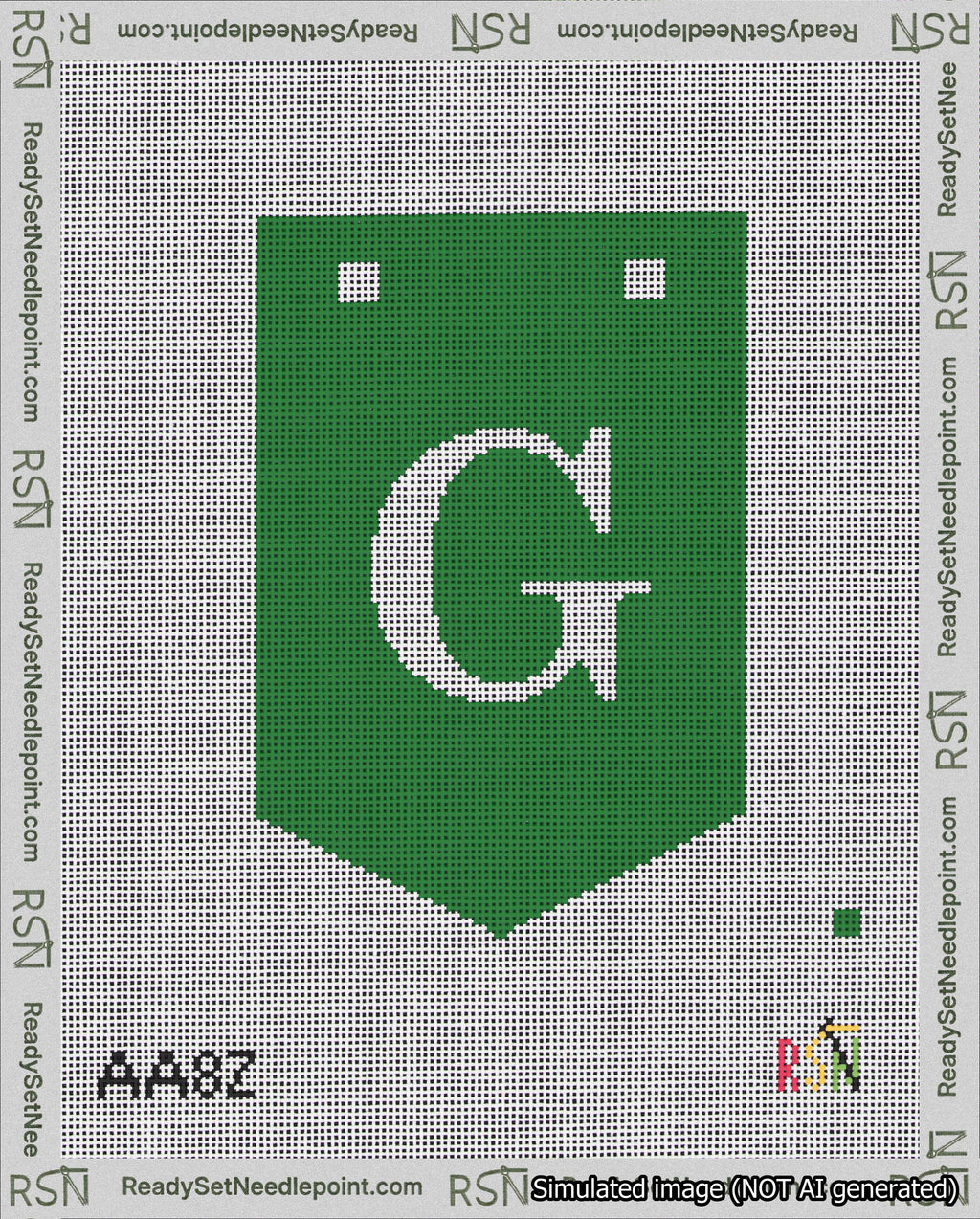 A taped needlepoint canvas with the design: Banner 18 mesh count Pointed G White on Green.