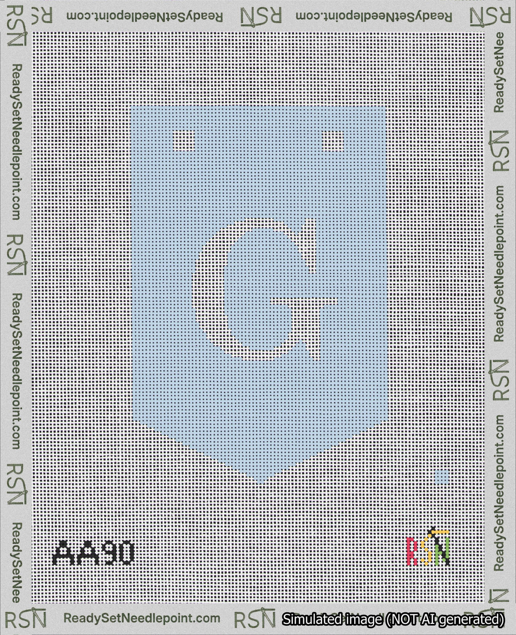 A taped needlepoint canvas with the design: Banner 18 mesh count Pointed G White on Light Blue.