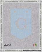 A taped needlepoint canvas with the design: Banner 18 mesh count Pointed G White on Light Blue.